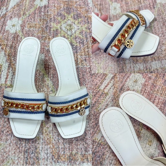 Tory Burch Shoes - Tory Burch Benton Kitten Heel White Leather Sandals Gold Chain Logo Charm Size 7